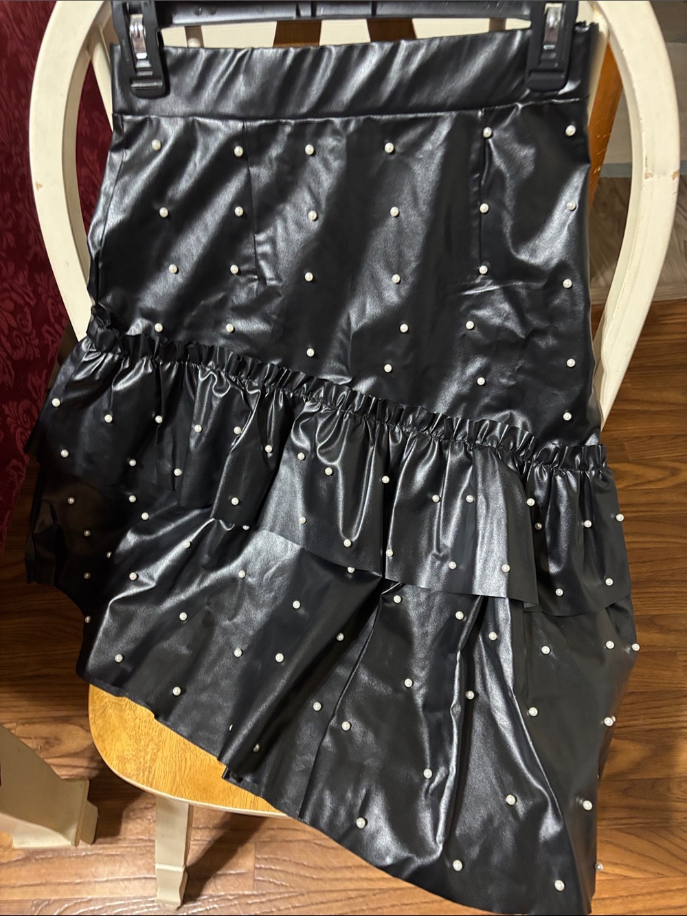 Black Faux Leather Pearl-Stud Asymmetrical Ruffle Skirt